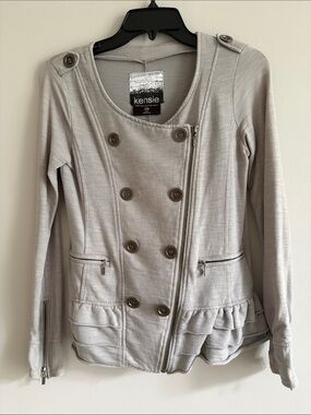 Kensie Light Gray Double-Breasted Ruffle Hem Jacket with Zipper Detail